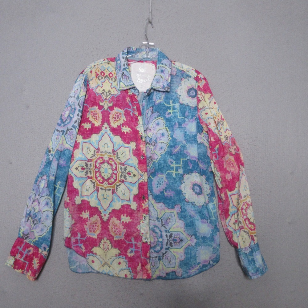 Cino Sundance Top Colorful Mandala Boho Vibrant Eclectic Hippie Button Up Artsy